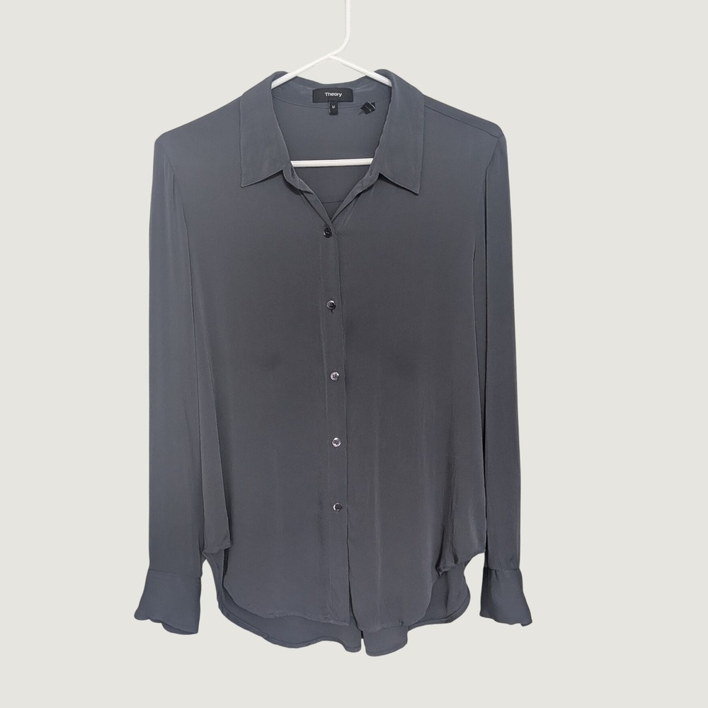 Theory Sunaya Silk Blend Button Down Shirt Office Grey Medium